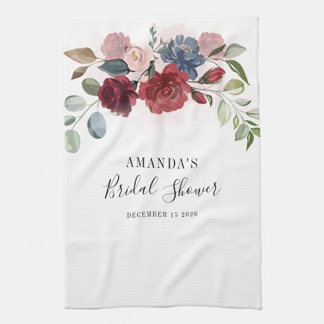 Bridal Shower Burgundy Rustic Floral Custom Tea Towel (Vertical)