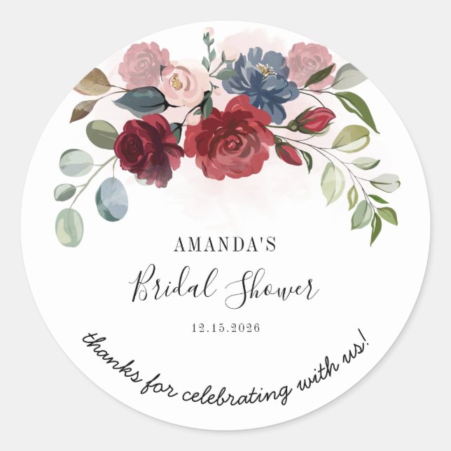 Bridal Shower Burgundy Rustic Floral Personalised Classic Round Sticker (Front)