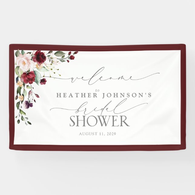 Bridal Shower Burgundy Watercolor Floral Welcome Banner (Horizontal)