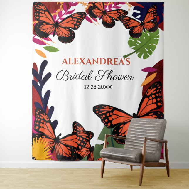 Bridal Shower Butterflies Floral Photo Backdrop Tapestry (In Situ)