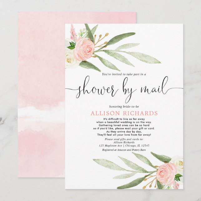 Bridal shower by mail blush pink greenery gold invitation (Front/Back)