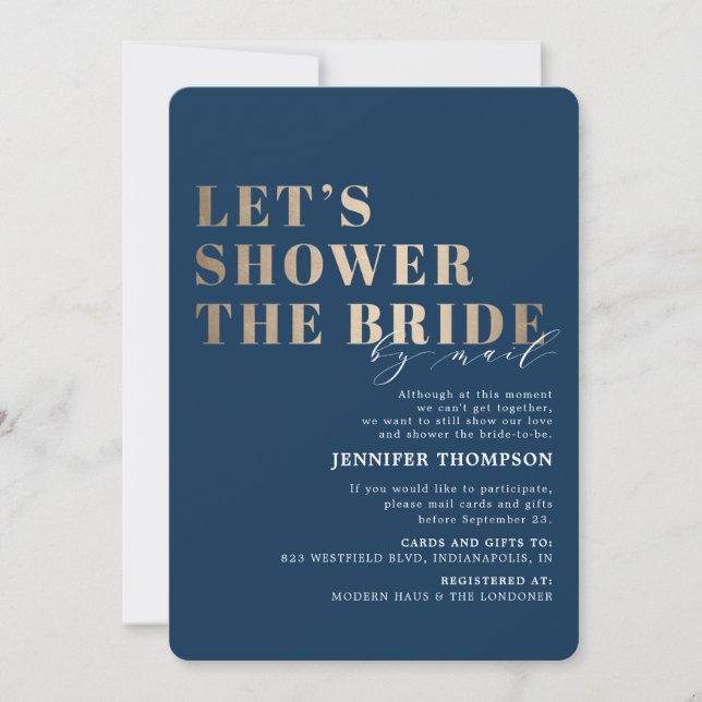 Bridal Shower By Mail Charcoal Navy & Gold  Invitation (Front)