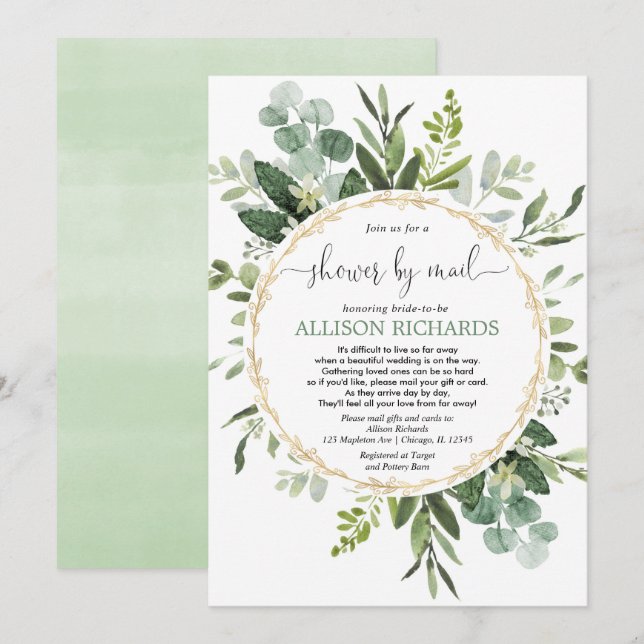 Bridal shower by mail greenery gold eucalyptus invitation (Front/Back)