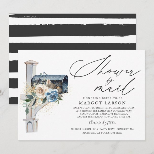 Bridal Shower By Mail Invitation Blue White Floral (Front/Back)