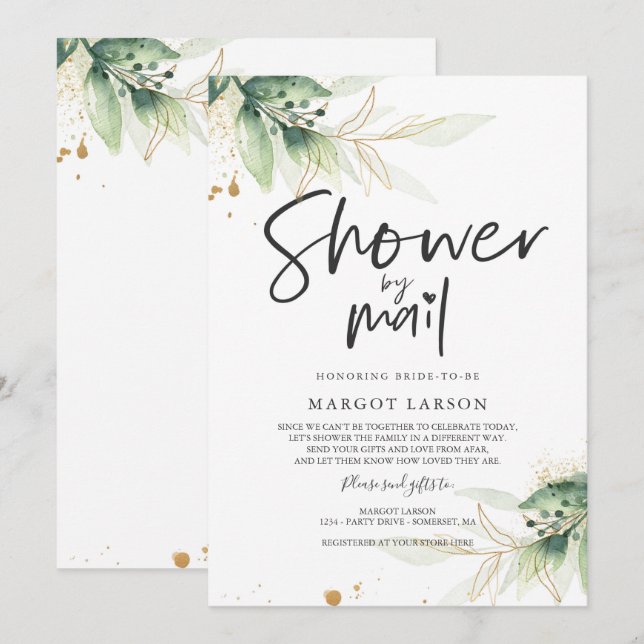 Bridal Shower By Mail Invitation Greenery Gold (Front/Back)