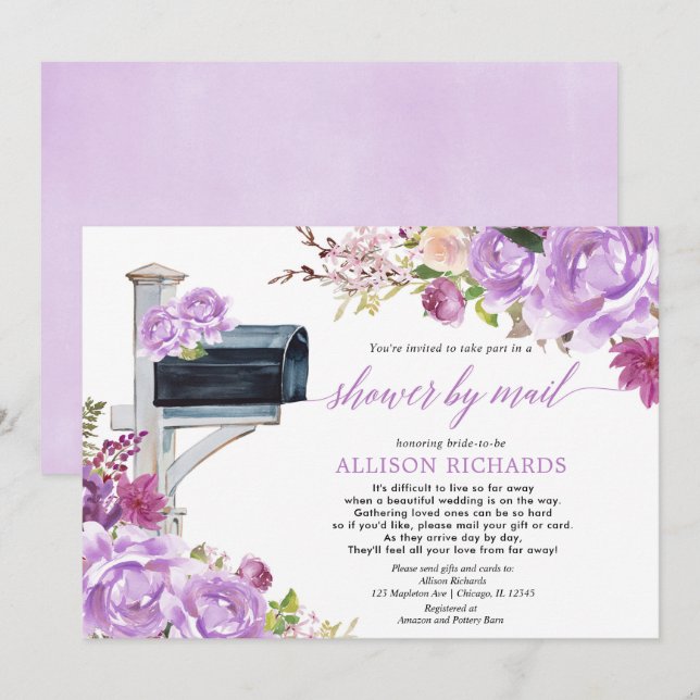 Bridal shower by mail purple lilac floral elegant invitation (Front/Back)