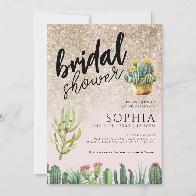 Bridal Shower Cactus Gold Glitter Glamourous Glam  Invitation (Front)