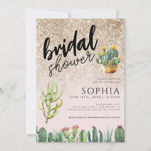 Bridal Shower Cactus Gold Glitter Glamourous Glam Invitation