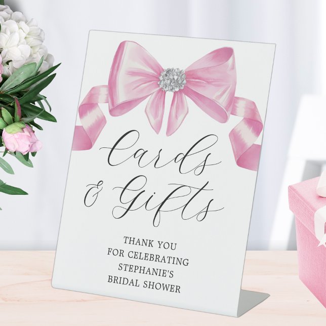 Bridal Shower Cards Gifts Pink Bow Glam Pedestal Sign (Creator Uploaded)