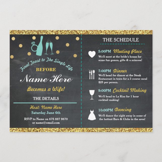 Bridal Shower Chalk Itinerary Bachelorette Gold Programme (Front)