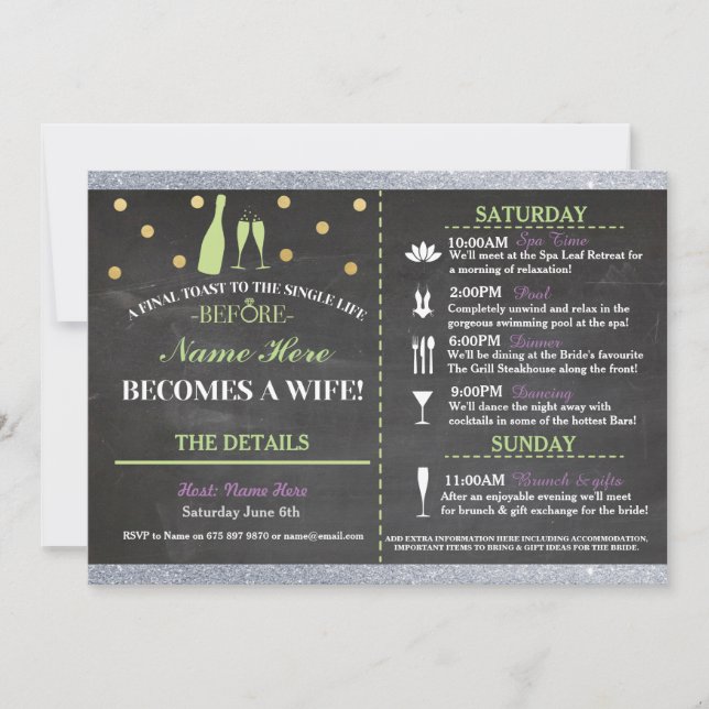 Bridal Shower Chalk Itinerary Bachelorette Invite (Front)