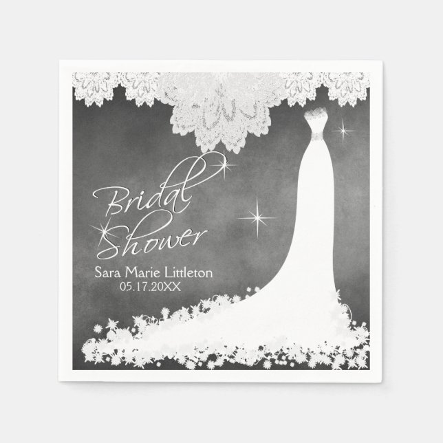 Bridal Shower Chalkboard with White Lace & Gown Napkin (Front)