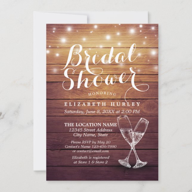 Bridal Shower Champagne Glasses Wood String Lights Invitation (Front)
