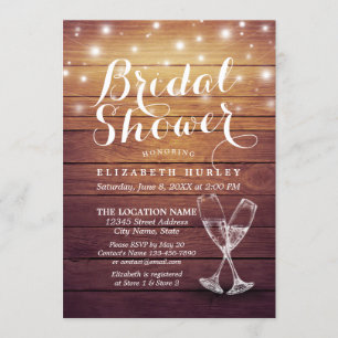 Bridal Shower Champagne Glasses Wood String Lights Invitation