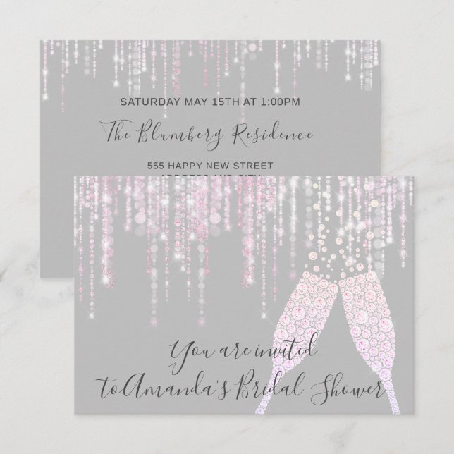 Bridal Shower Champaigne Glass Bubbles Grey Pink Invitation (Front/Back)