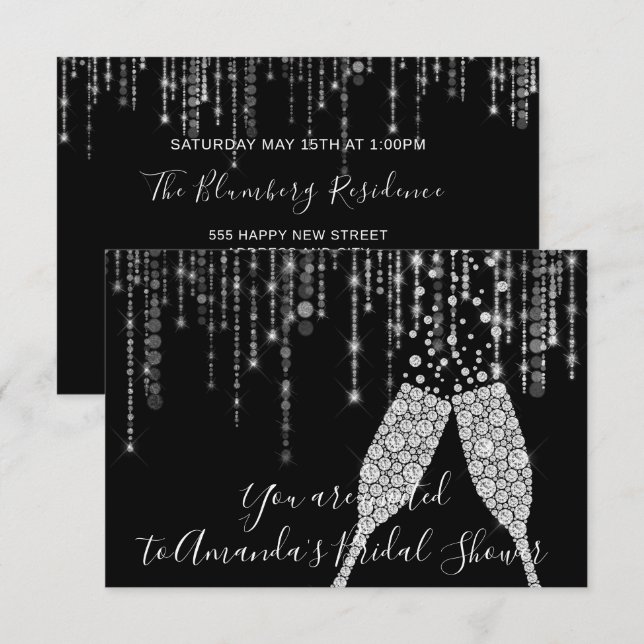 Bridal Shower Champaigne Glass Bubbles Silver Grey Invitation (Front/Back)