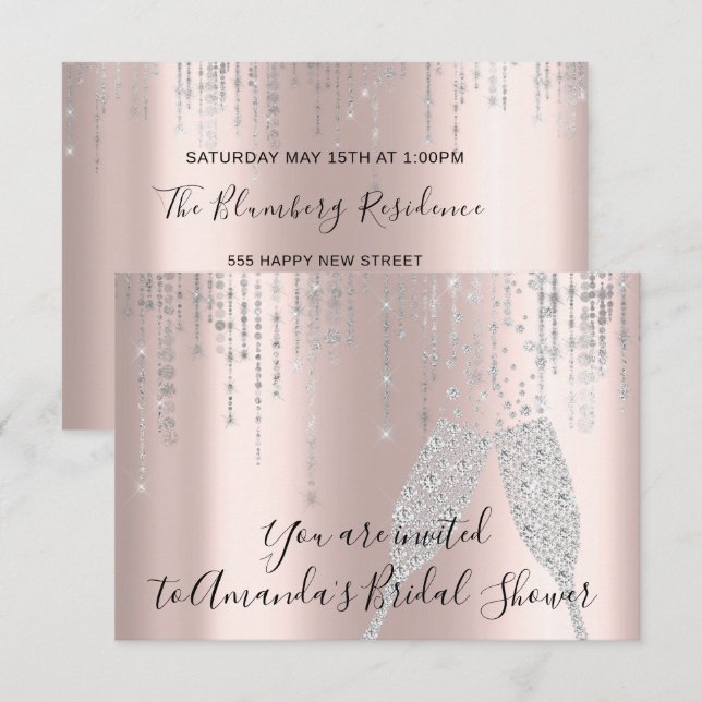 Bridal Shower Champaigne Glass Bubbles Silver Rose Invitation (Front/Back)
