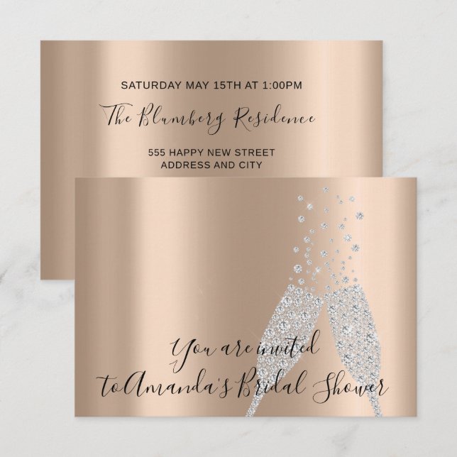 Bridal Shower Champaigne Glass Bubbles Silver Rose Invitation (Front/Back)