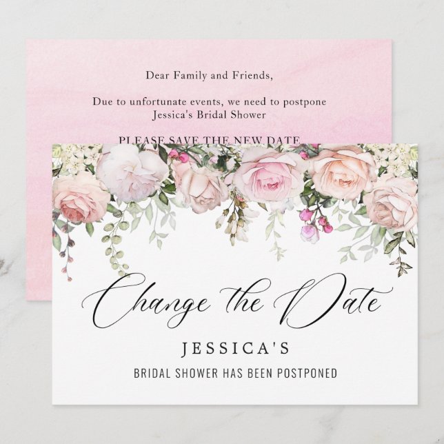 Bridal Shower Change the Date Blush Pink Flowers Invitation (Front/Back)
