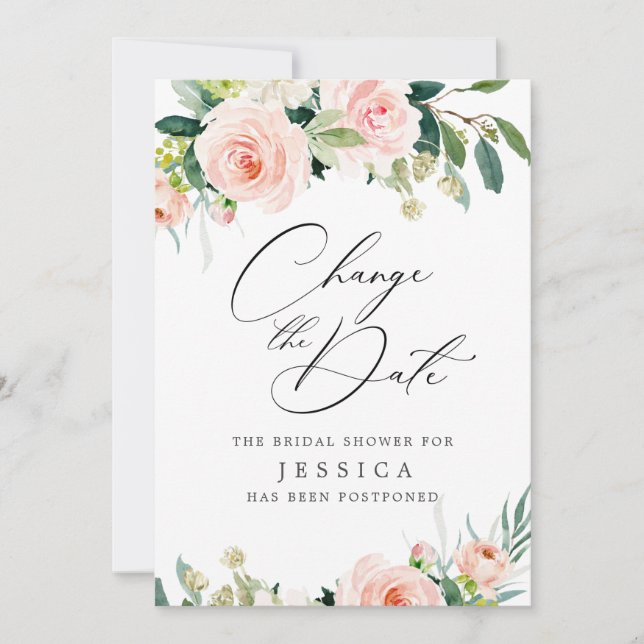 Bridal Shower Change the Date Blush Pink Flowers Invitation (Front)