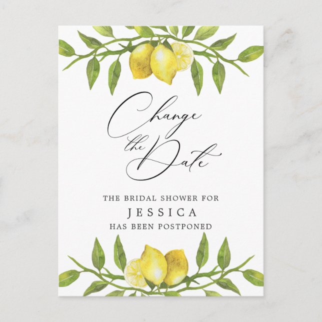 Bridal Shower Change the Date Lemons Greenery Postcard (Front)