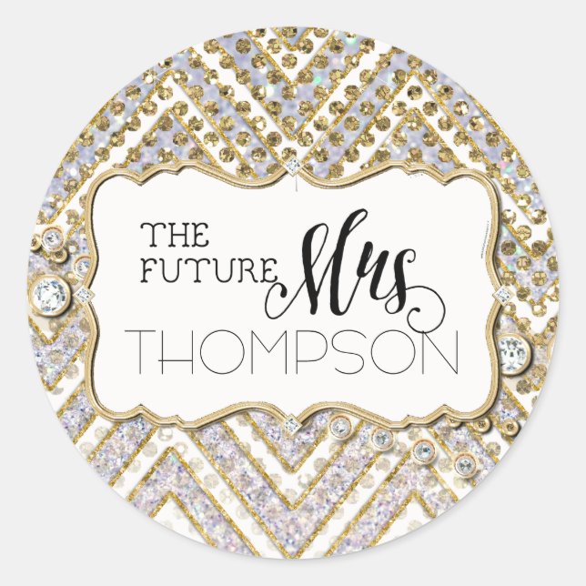 Bridal Shower Chevron Striped Jewel Glitter Blue Classic Round Sticker (Front)