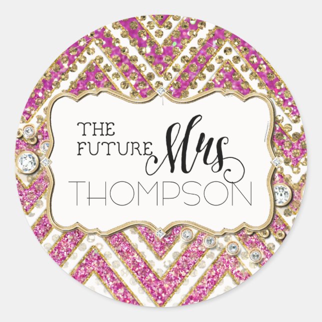 Bridal Shower Chevron Striped Jewel Glitter Pink Classic Round Sticker (Front)