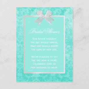 Bridal Shower Chic Aqua Damask Girly White Bow Invitation Postcard