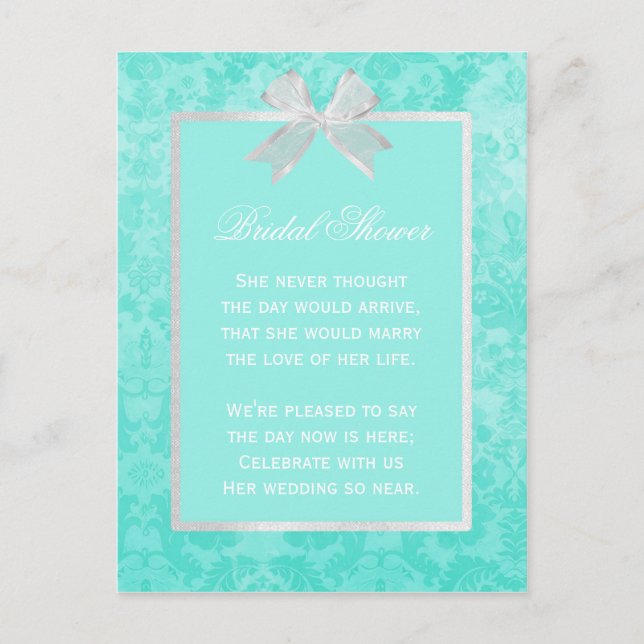 Bridal Shower Chic Aqua Damask Girly White Bow Invitation Postcard (Front)
