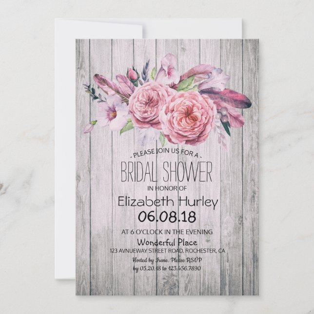 Bridal Shower Chic Boho Floral Feather Rustic Wood Invitation (Front)