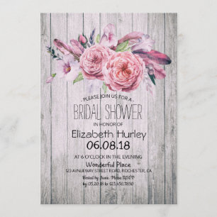 Bridal Shower Chic Boho Floral Feather Rustic Wood Invitation