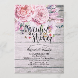Bridal Shower Chic Boho Floral Feather Rustic Wood Invitation