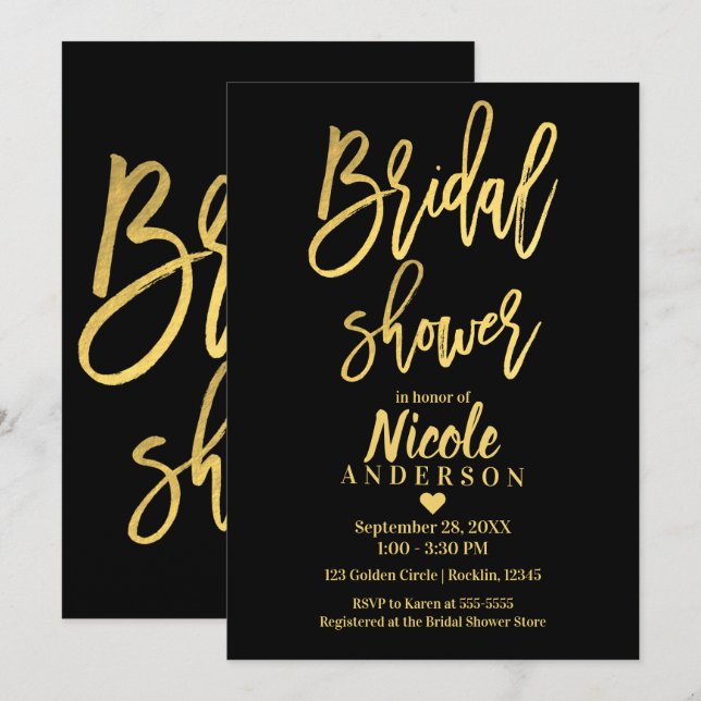 BRIDAL SHOWER Chic Gold Foil Black Modern Script Invitation (Front/Back)