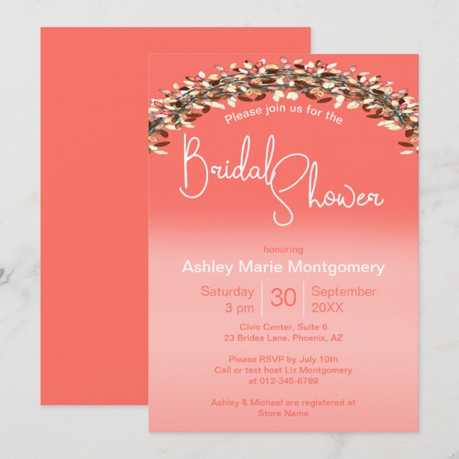 Bridal Shower Chic Living Coral Ombre Leafy Arch Invitation (Front/Back)