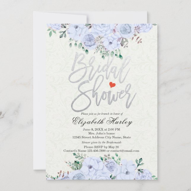 Bridal Shower Chic Silver Script Watercolor Floral Invitation (Front)
