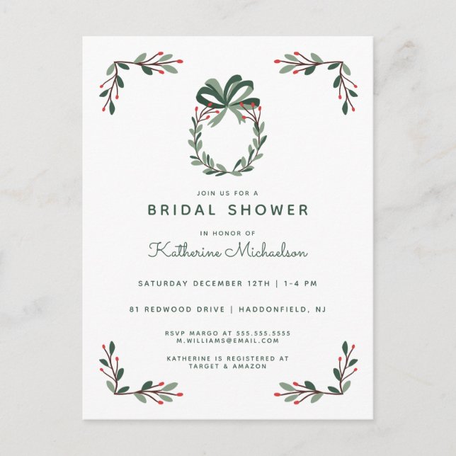 BRIDAL SHOWER | Christmas Holiday Holly Invitation Postcard (Front)
