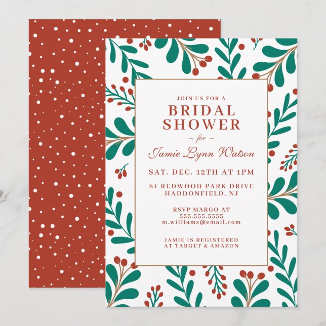 BRIDAL SHOWER | Christmas Mistletoe & Holly Invitation (Front/Back)