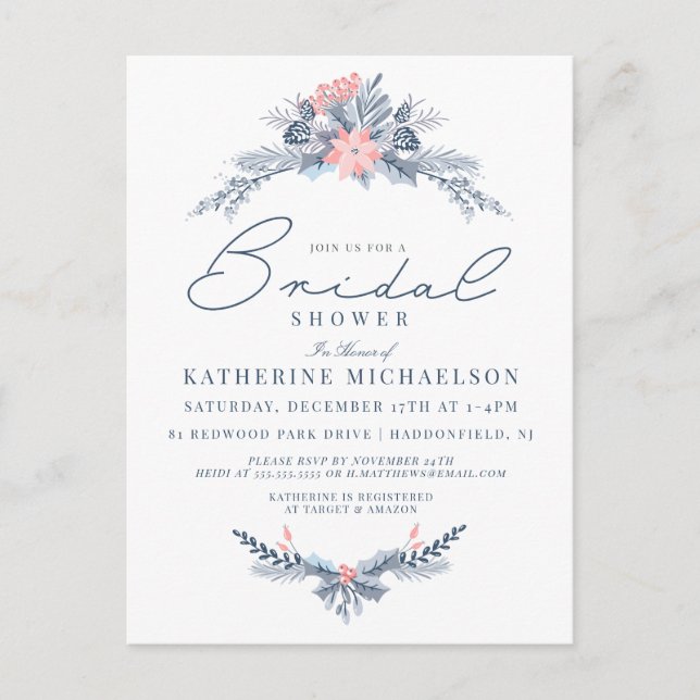 BRIDAL SHOWER | Christmas Pastel Poinsettia Floral Postcard (Front)