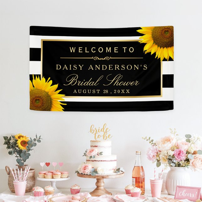 Bridal Shower Classy Sunflower Black White Stripes Banner (Creator Uploaded)