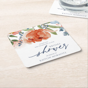 Bridal Shower Colourful Orange & Dusty Blue Peony Square Paper Coaster