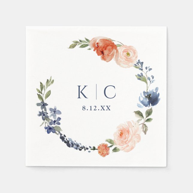 Bridal Shower Colourful Orange & Dusty Blue Wreath Napkin (Front)