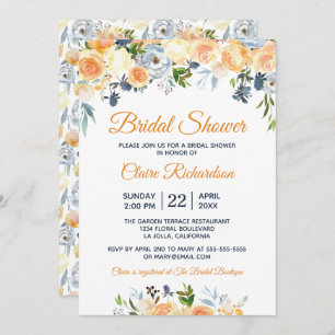 Bridal Shower Coral Peach Navy Watercolor Floral Invitation