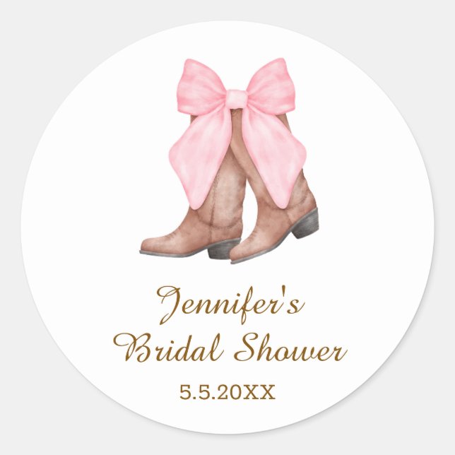 bridal shower cowgirl boots with bow western  classic round sticker (Front)