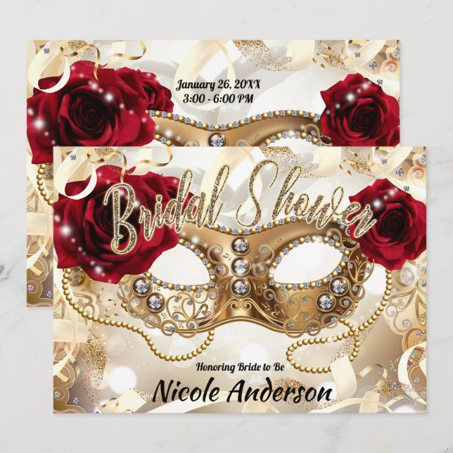 Bridal Shower Cream Gold Red Roses Masquerade Invitation (Front/Back)