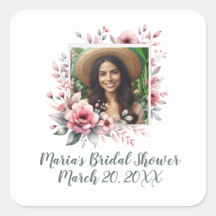 Bridal shower custom photo watercolor floral  square sticker