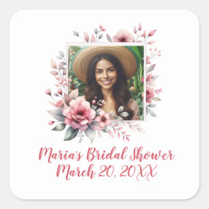 Bridal shower custom photo watercolor floral square sticker