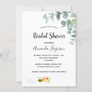 Bridal Shower cute bee eucalyptus white elegant Invitation