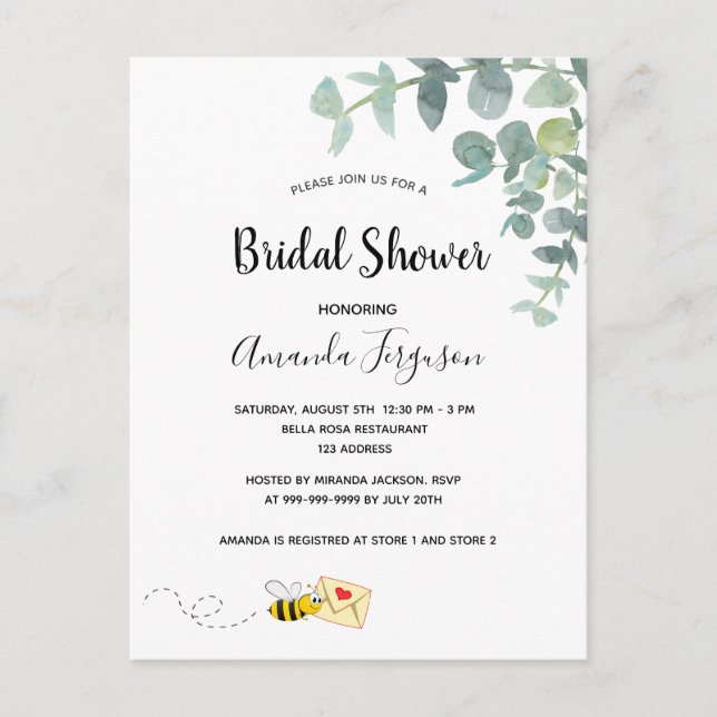 Bridal Shower cute bee eucalyptus white elegant Postcard (Front)