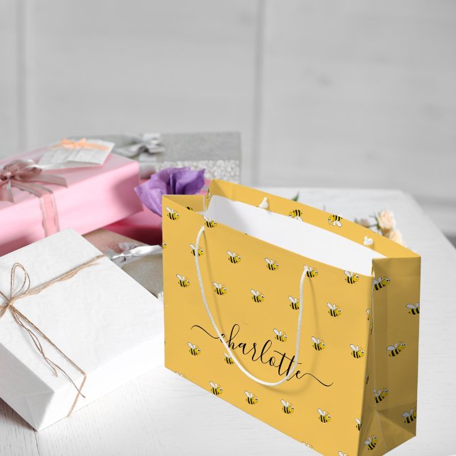Bridal shower cute happy bumble bees monogram large gift bag (Creator Uploaded)