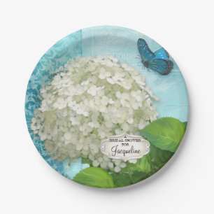 Bridal Shower Damask White Hydrangea Butterfly Art Paper Plate